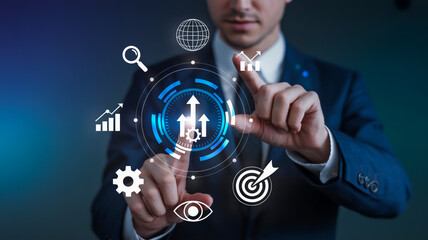 Man in suit using futuristic interface with financial analytics and business icons businessman technology