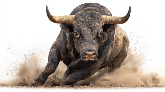 Charging Bull Kicking Up Dust Portrait