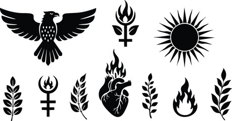 Obraz premium Black silhouette collection of flaming heart, eagle, sun, and plant symbols in vector illustration 