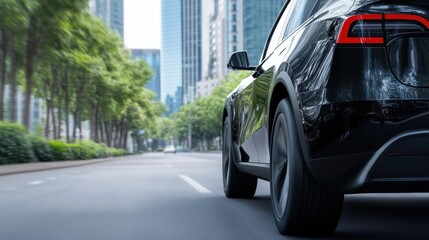 Black luxury car on urban road with skyscrapers in sunny city setting
