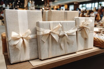 Luxury corporate gift sets displayed in a chic office setting, warm golden lighting enhancing the texture of the boxes, inviting and professional mood