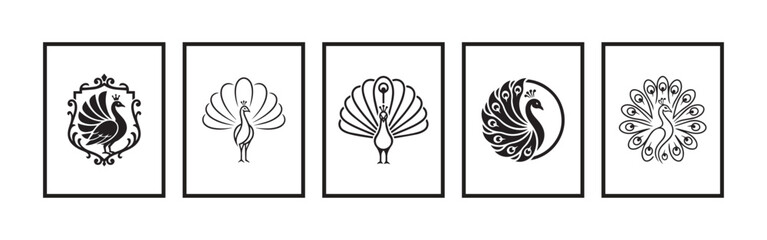 Elegant Peacock Ornamental Black Bird Silhouettes Collection Black and White Stylized Bird Illustrations Set