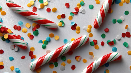 Obraz premium Candy cane confetti red white green sweet festive holiday celebration scattered joyful scene with candy cane and colorful confetti white background