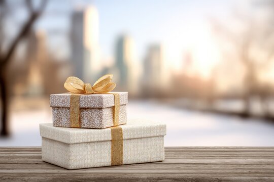 Stylishly wrapped holiday gift boxes with customizable branding elements, set against a blurred winter backdrop, soft natural light creating a cozy, upscale vibe