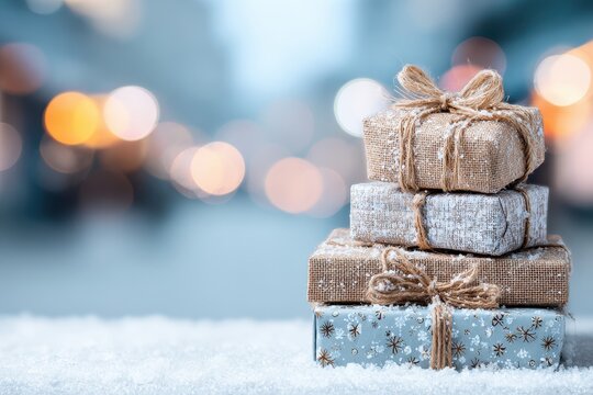 Stylishly wrapped holiday gift boxes with customizable branding elements, set against a blurred winter backdrop, soft natural light creating a cozy, upscale vibe