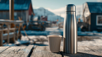 Stainless steel thermos and cup on a wooden table in winter scenery. Perfect for promoting warmth and outdoor activities during the cold season.