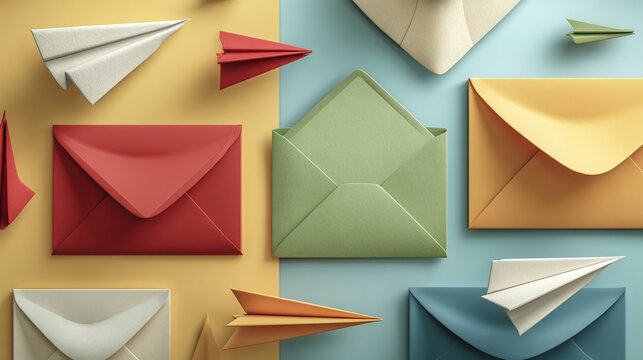 Vibrant envelopes and paper airplanes arranged on a colorful background, representing communication and ideas