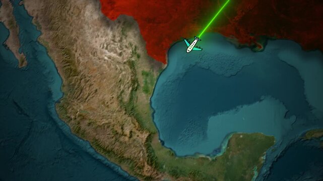 Chicago to Mexico City Flight Path Animation on World Map Background