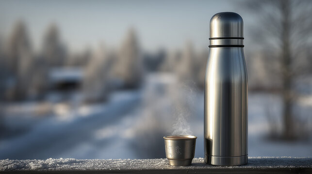 A stainless steel thermos and cup in a winter landscape, ideal for promoting warmth and comfort in cold weather.