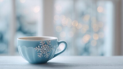 Fototapeta premium A blue winter mug with a sparkling snowflake on a light surface against a soft bokeh background