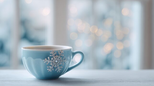 A blue winter mug with a sparkling snowflake on a light surface against a soft bokeh background