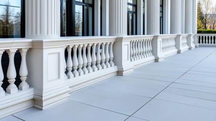 Naklejka premium Elegant stone balustrade along a spacious terrace of a classic architectural building in a serene outdoor setting during daytime