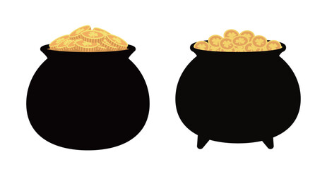St. Patrick's Day Black cauldron with gold coin clipart set.
Flat vector design and Illustration.
White background.
