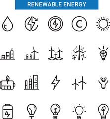 Energy, recycling, ecology set of 65 line vector icons. Contains such icons as Eco, Environment, Lightbulb, Green Energy, Water, Climate Change, Recycling
