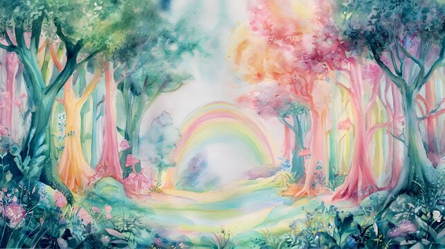 Enchanting fairytale forest watercolor illustration a vibrant magical landscape full of wonder