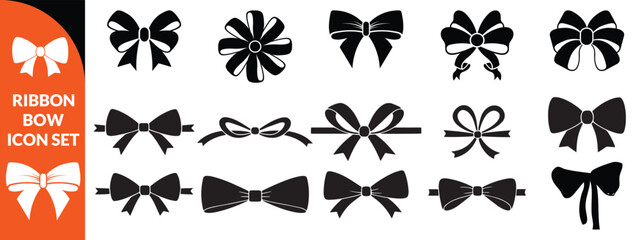 Ribbon bow icon set, vector coquettish cute knot, romantic love doodle vintage accessory collection. Holiday gift decoration silhouette, birthday elegant design element. Feminine Valentine ribbon bow 
