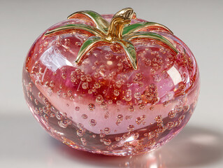 a glass sculpture of a tomato with a shiny, reflective surface and small bubbles embedded within it. The sculpture is placed on a plain background.