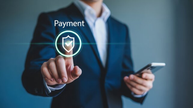 Business person conducting an online payment transaction on a smartphone, indicating financial security. The image portrays the concepts of secure online payment, finance, and mobile commerce. 