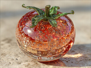 a glass sculpture of a tomato with a shiny, reflective surface and small bubbles embedded within it. The sculpture is placed on a plain background.