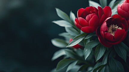 Vibrant red peonies bloom gracefully against a soft dark background in a serene garden setting during early spring