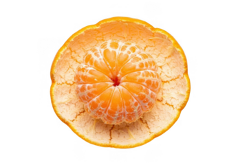 Overhead shot of a peeled mandarin orange with its segments still attached to the base, showcasing its juicy interior isolated on transparent background