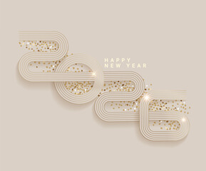 Obraz na płótnie Canvas Elegant golden greeting card for 2026 New Year. Numbers from golden lines, confetti and shimmer. Luxury template for invitations, posters, flyers, banners, web. Premium vector design for New Year.