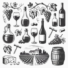 Vintage Engraving-Style Monochrome Wine & Viticulture Illustration Set