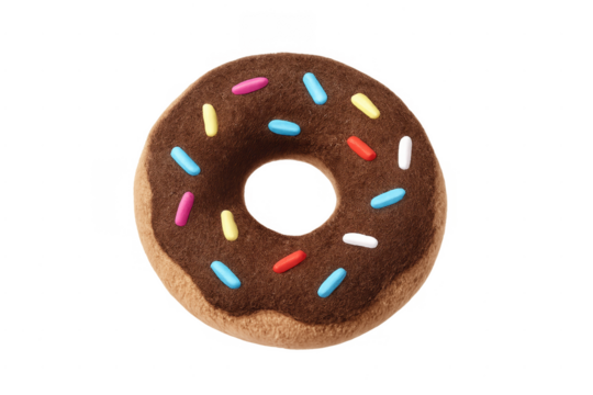Plush chocolate donut toy with sprinkles on transparent background - Powered by Adobe