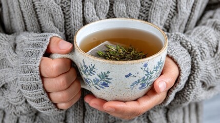 Close-up of female hands holding a cup of hot herbal tea with a tea bag. Woman enjoying a hot drink at home.