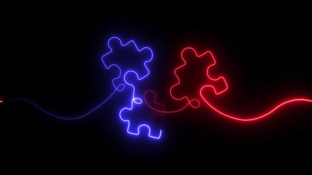 glowing neon Colorful, vibrant puzzle pieces create a captivating design against a dark background.4k video motion ,graphic animation ,
