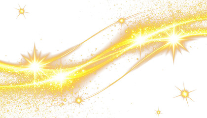 Golden glow, sparks, glitter, wavy trail on transparent background