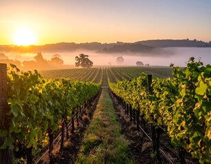 Rolling hills and vineyards bathed in the golden light of dawn