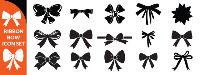 Ribbon bow icon set, vector coquettish cute knot, romantic love doodle vintage accessory collection. Holiday gift decoration silhouette, birthday elegant design element. Feminine Valentine ribbon bow 