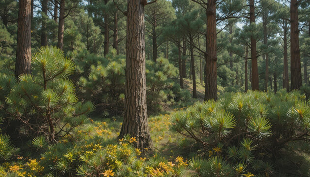 Dense forest with tall trees and green undergrowth view