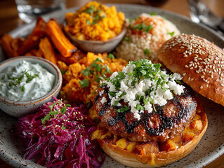 a delicious-looking meal set, including a juicy burger with fresh toppings and sauces, crispy fries, roasted vegetables, and a side of rice. The presentation is vibrant and appetizing