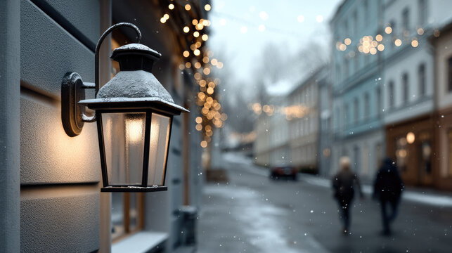 Snowy street with glowing lantern, blurred buildings, and people walking in winter evening ambiance, warm and inviting atmosphere