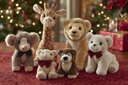 Family-friendly holiday gift arrangement on a vibrant tablecloth, showcasing delightful toys and treats, with natural light streaming in and a warm, welcoming ambiance