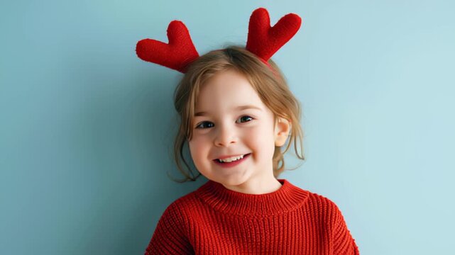 Smiling child in red sweater with heart-shaped headband on blue background