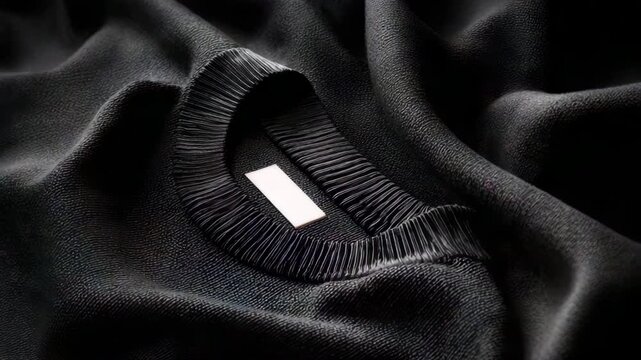 Ultra HD A closeup shot showcases the intricate details of a black sweater, highlighting the ribbed collar and a small, blank label, emphasizing the texture and design of the garment 