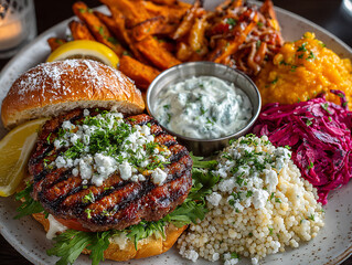 a delicious-looking meal set, including a juicy burger with fresh toppings and sauces, crispy fries, roasted vegetables, and a side of rice. The presentation is vibrant and appetizing