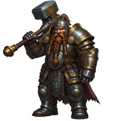 Fierce dwarf warrior with braided beard holds a large hammer in full armor on transparent background