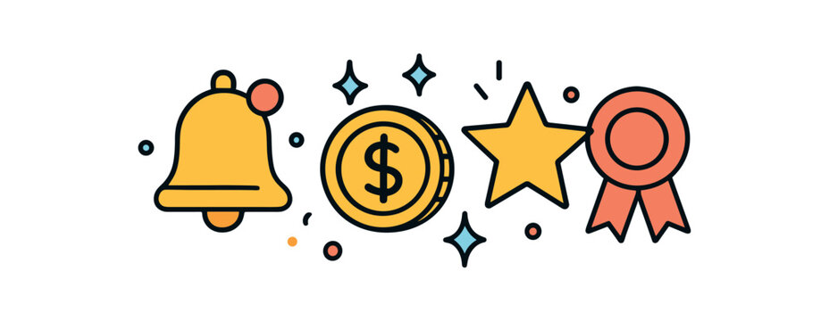 Finance fintech flat vector illustration collection of cute finance icons notification: bell coin spark confetti dots badge arranged horizontal composition handdrawn outlines bright color