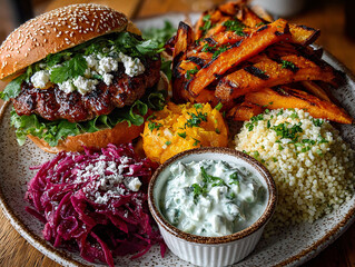 a delicious-looking meal set, including a juicy burger with fresh toppings and sauces, crispy fries, roasted vegetables, and a side of rice. The presentation is vibrant and appetizing