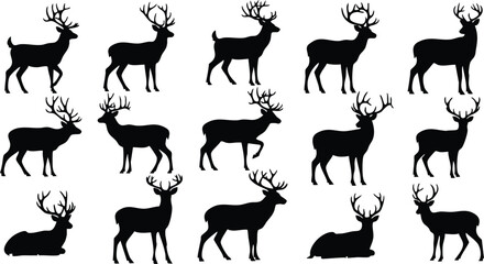 Silhouettes of Deer with Antlers in Various Poses Vector Illustration for Wildlife and Nature Themes 