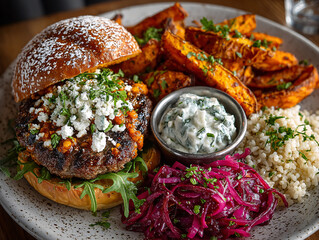 a delicious-looking meal set, including a juicy burger with fresh toppings and sauces, crispy fries, roasted vegetables, and a side of rice. The presentation is vibrant and appetizing