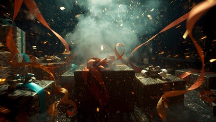 Explosive Gift Reveal: An artistic and cinematic moment capturing the dramatic unveiling of gifts, enhanced with a captivating combination of ribbons, explosive effects, and confetti.