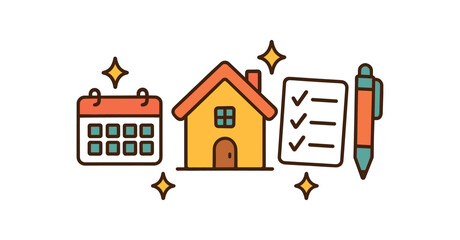 Obraz premium Home family planning flat vector illustration collection of cute home icons calendar todo list pen sparkles arranged horizontal composition handdrawn outlines bright color palette minimal