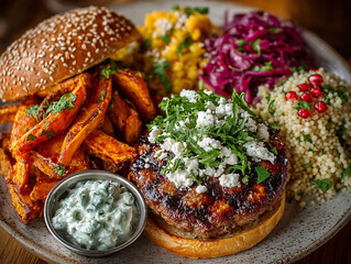 a delicious-looking meal set, including a juicy burger with fresh toppings and sauces, crispy fries, roasted vegetables, and a side of rice. The presentation is vibrant and appetizing