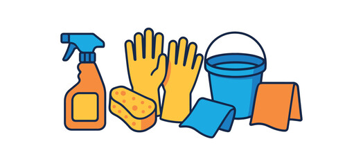 Flat vector cleaning basics: spray bottle sponge gloves bucket cloth bright vibrant palette clean outlines minimal centered isolated on white no logos