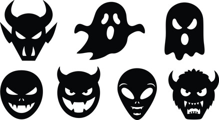 Set of seven spooky Halloween monster and alien silhouette icons in black vector illustration 